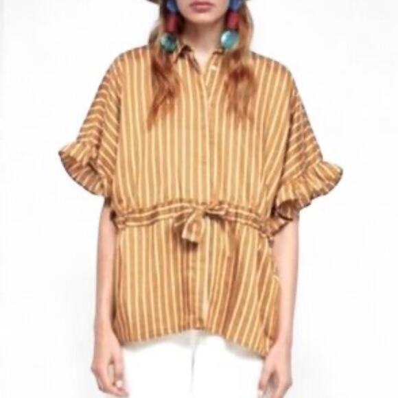Zara Mustard Yellow Striped Peplum Blouse Sz XS - Picture 1 of 9